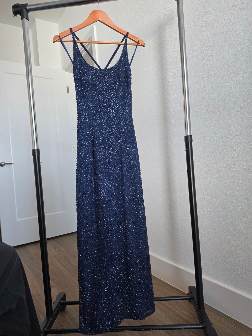 Vintage 90s Beaded Silk Gown Dress Navy Blue Size M